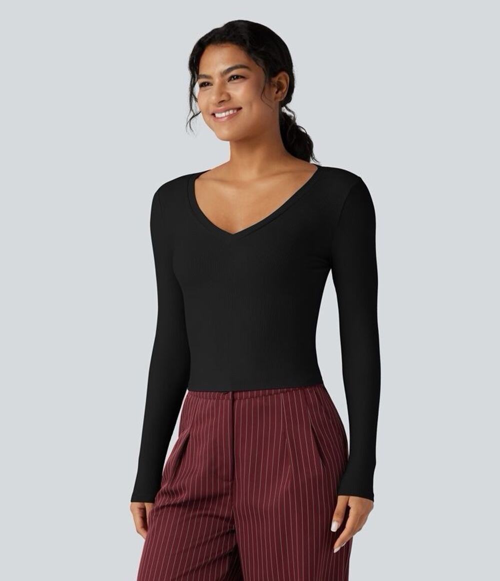 Halara Ribbed Knit V Neck Long Sleeve Cropped Work T-Shirt